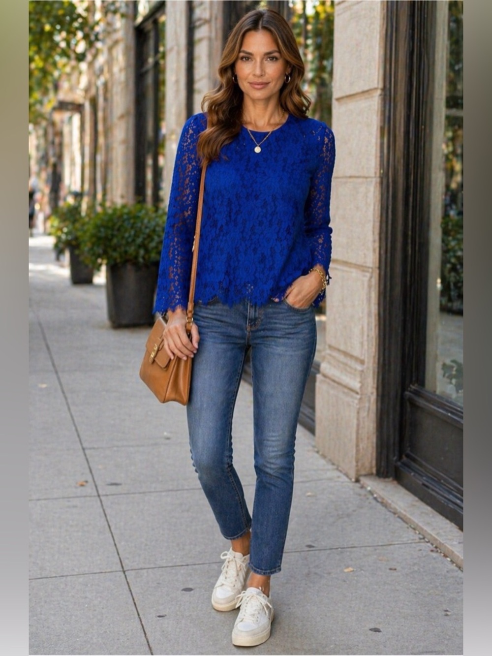 *Diane von Furstenberg Blue Lace Blouse Sz 10 Scalloped Hem‎ Long Sleeve DVF Top - Picture 5 of 14